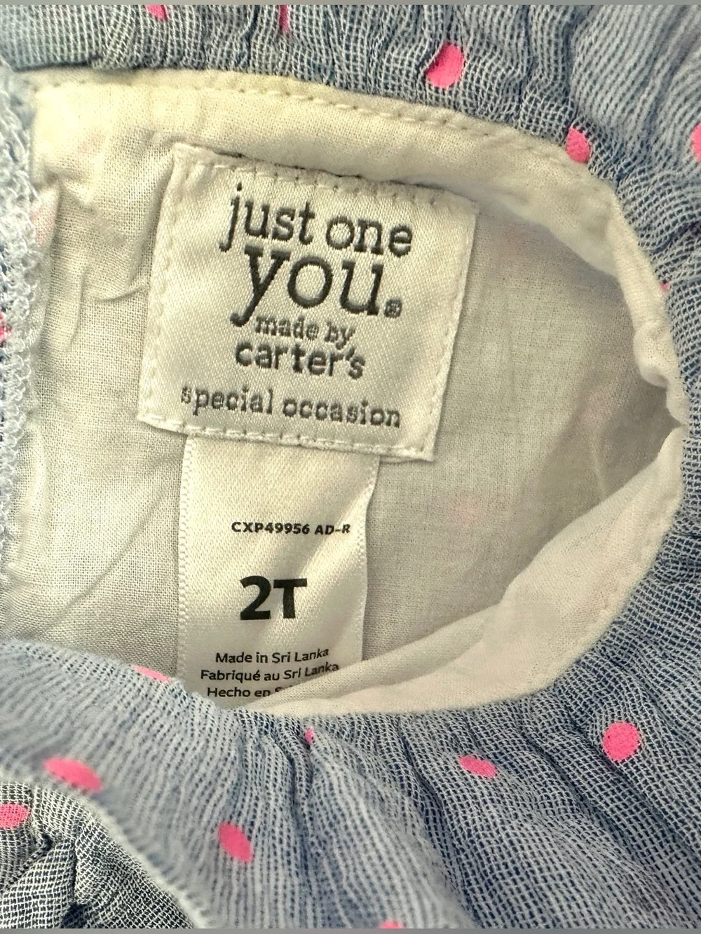 Carter's Blue Dress with Pink Polka Dots and Front Bow Detail.  Size 2T.